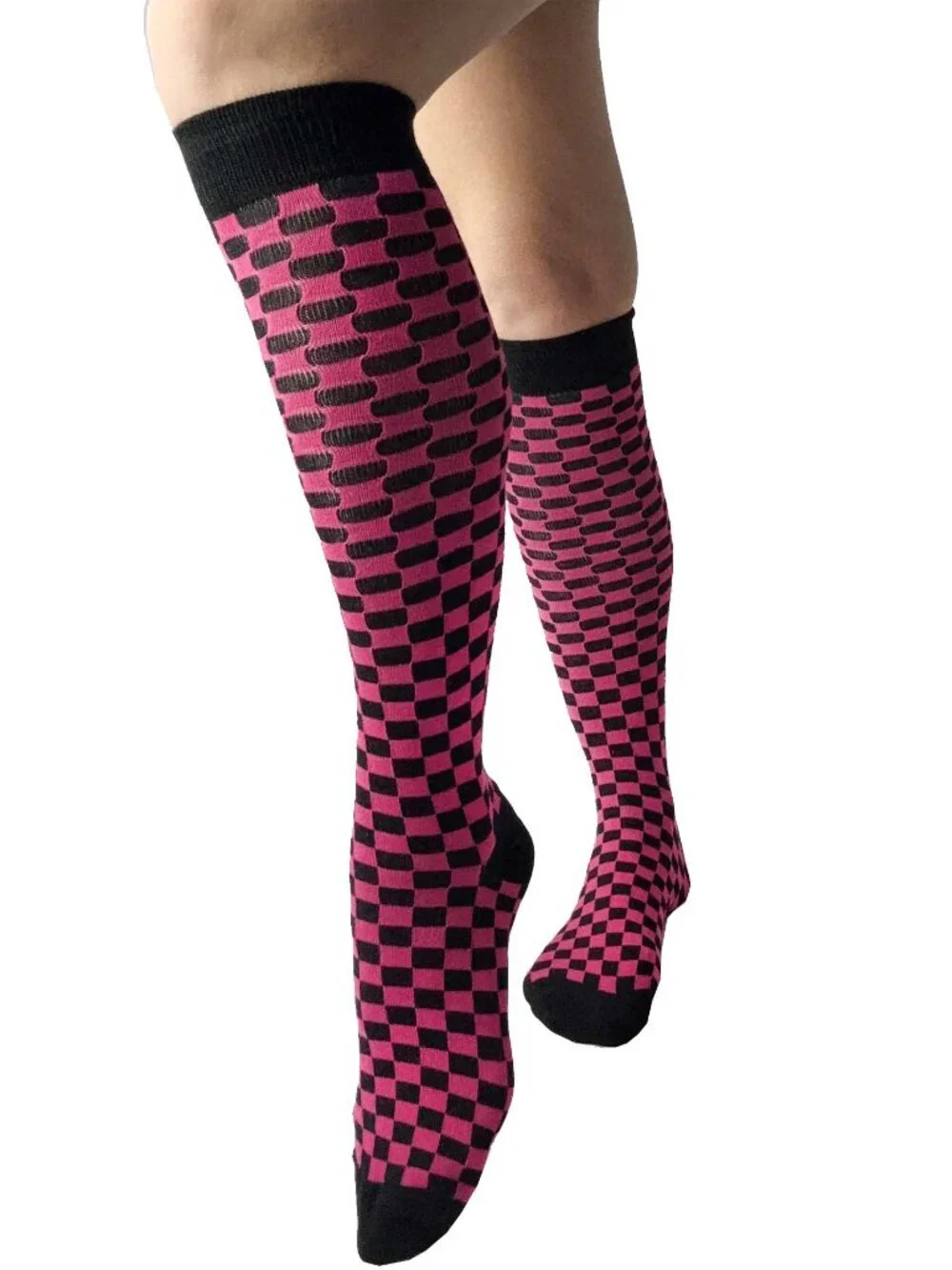 Fuchsia & Black Checkerboard Knee-High Socks